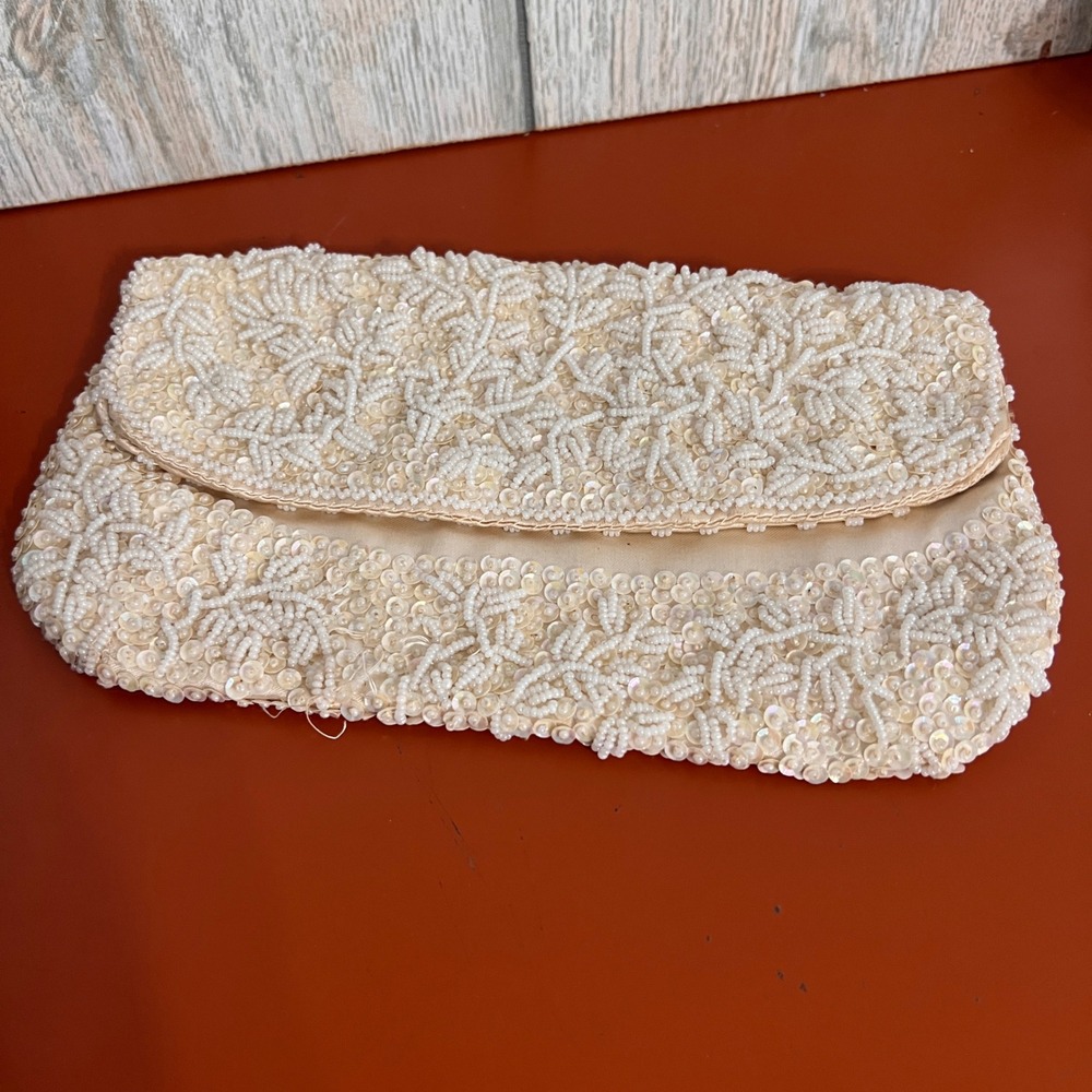 Vintage Ivory Beaded Sequin Satin Clutch Bag‎ Evening Wedding Bridal Cream 9x5